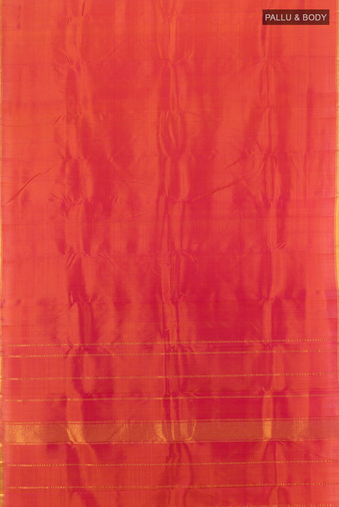 Flat view of Peach Kanjivaram Silk Saree with Zari Butta on the body and Silk Border. 