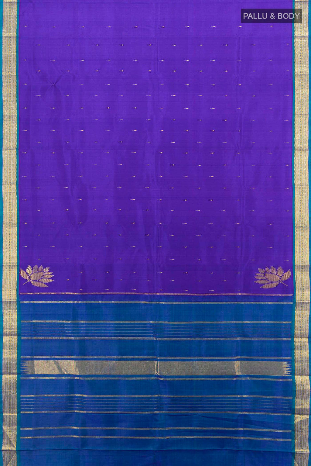 Flat view of Dark Blue Kanchipuram Silk Saree with Zari Butta on the body and Silk Border. 