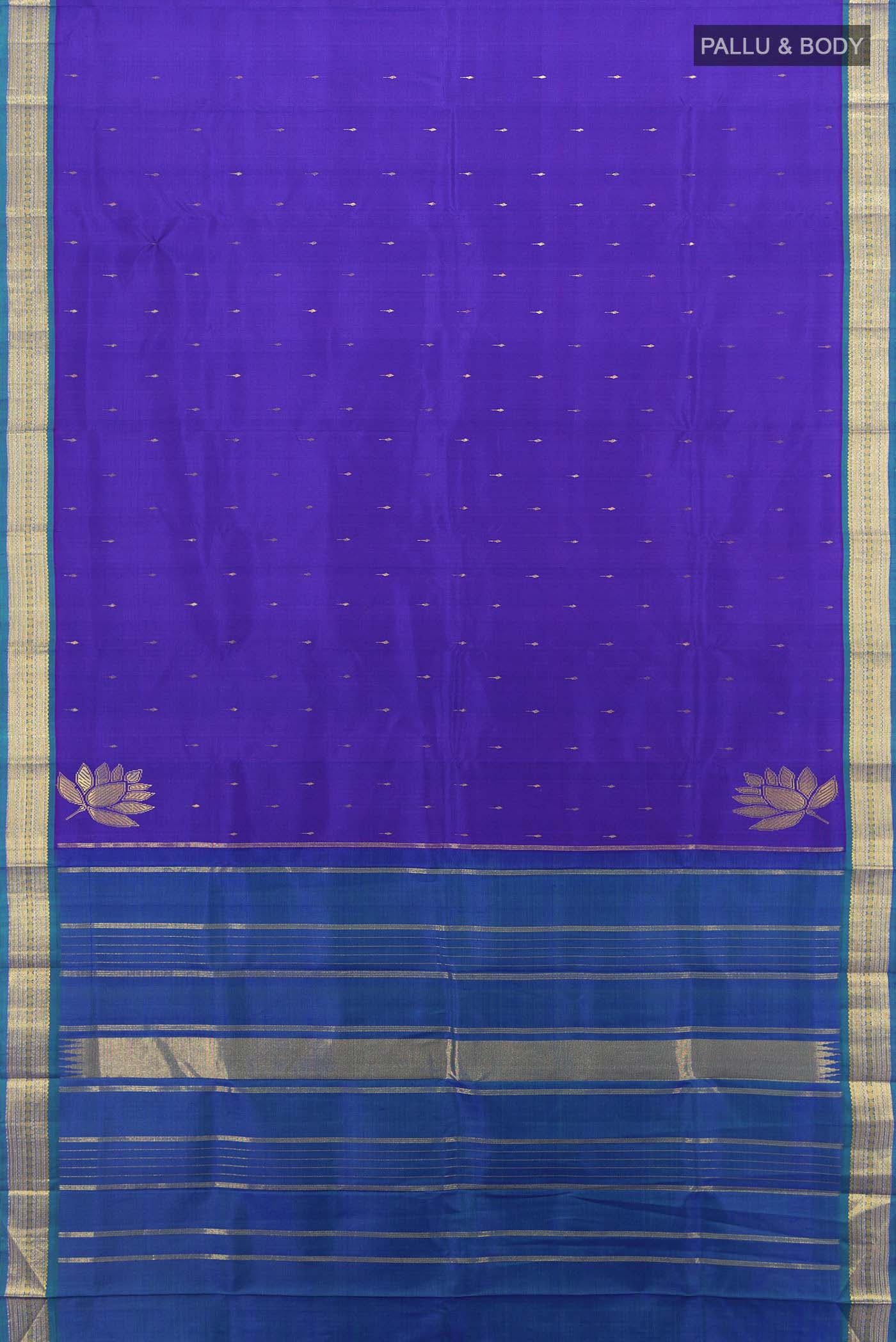 Flat view of Dark Blue Kanchipuram Silk Saree with Zari Butta on the body and Silk Border. 