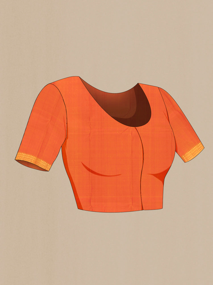 Close up image of the blouse of Pure Silk Pure Zari Brick Orange Kanjivaram Saree with Zari Butta on the body and Silk Border. 