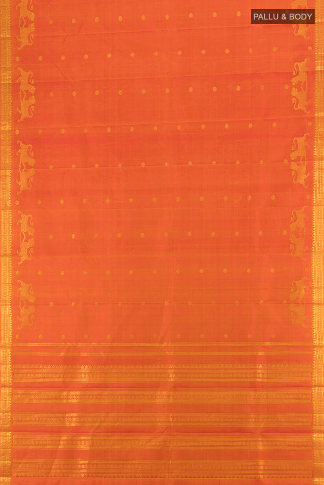 Flat view of Pure Silk Pure Zari Brick Orange Kanjivaram Saree with Zari Butta on the body and Silk Border. 