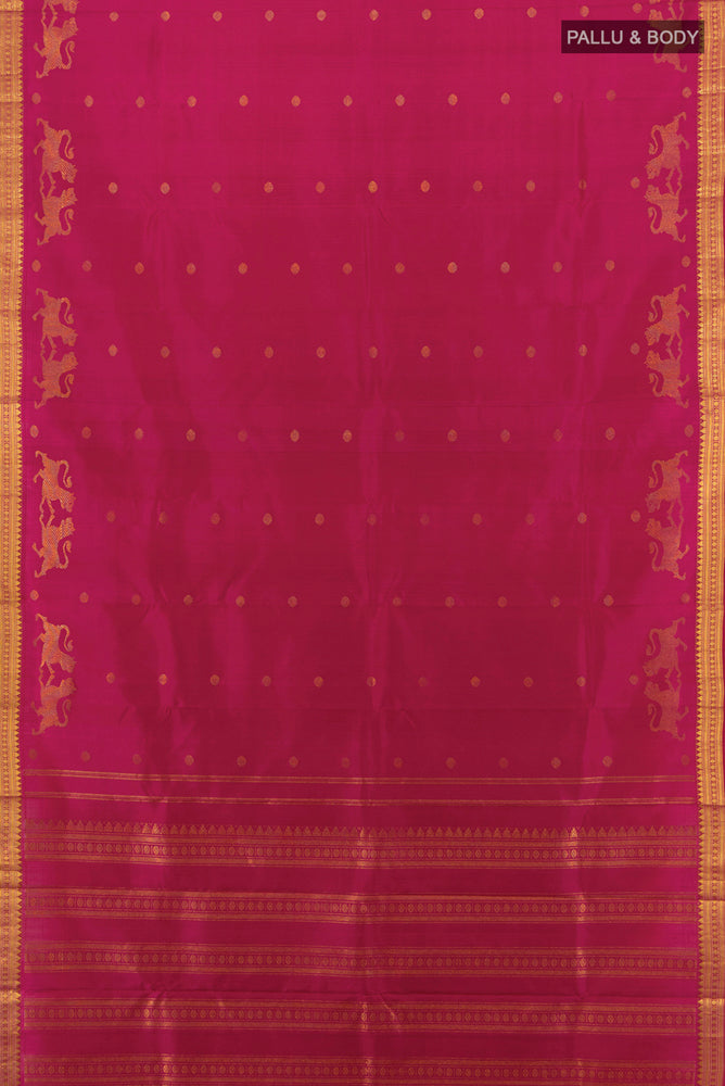 Flat view of Dark Pink Kanjivaram Silk Saree with Zari Brocade on the body and Silk Border. 