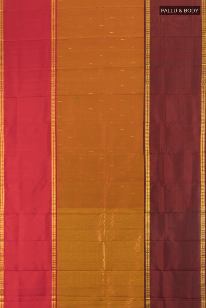 Flat view of Pure Silk Pure Zari Multi Color Kanjivaram Saree with Zari Butta on the body and Silk Border. 