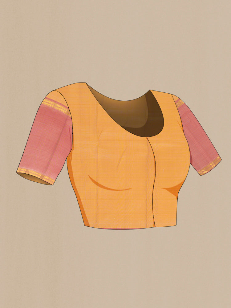 Close up image of the blouse of Pure Silk Pure Zari Multi Color Kanjivaram Saree with Zari Butta on the body and Silk Border. 
