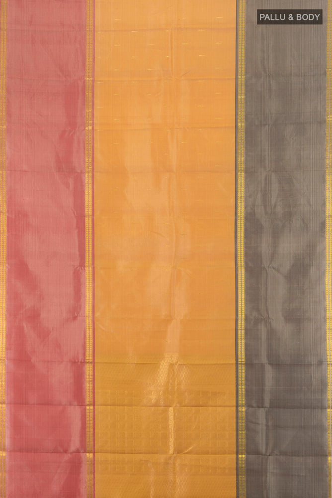 Flat view of Pure Silk Pure Zari Multi Color Kanjivaram Saree with Zari Butta on the body and Silk Border. 
