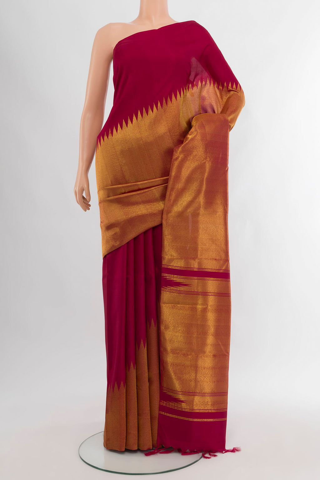 Maroon Kanchipuram Silk Saree with Plain Body and Rising Temple Border.  displayed on a mannequin