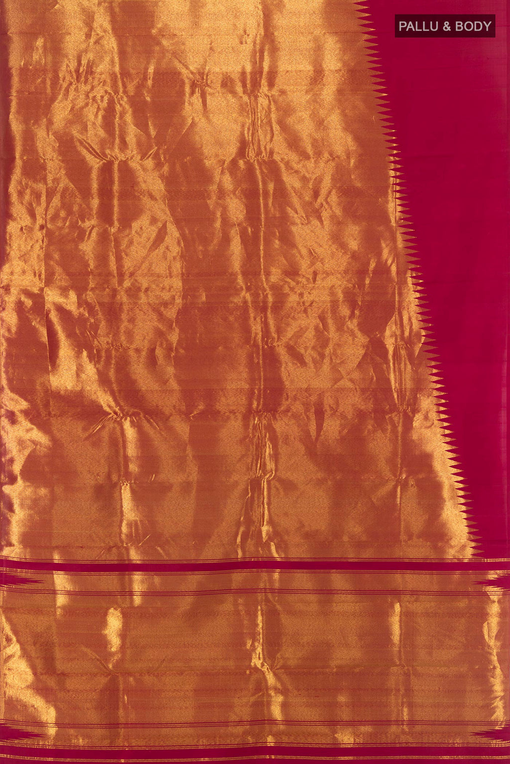 Flat view of Maroon Kanchipuram Silk Saree with Plain Body and Rising Temple Border. 