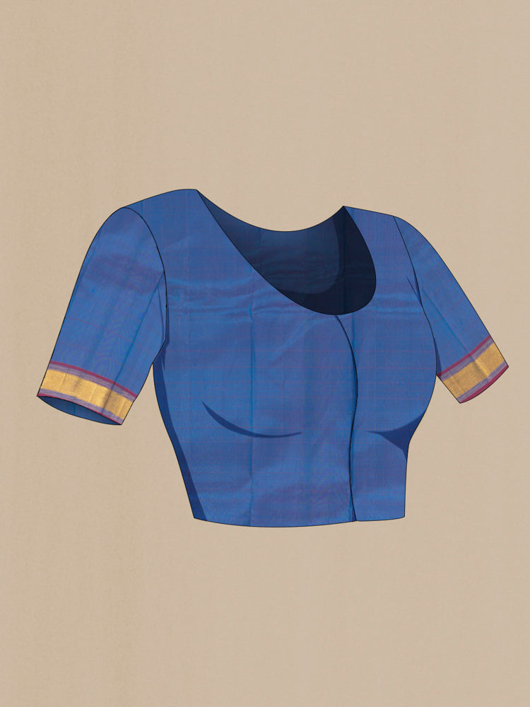 Close up image of the blouse of Light Blue Kanchipuram Silk Saree with Zari Butta on the body and Silk Border. 