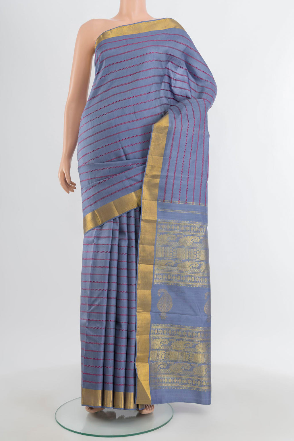Pure Silk Pure Zari Lilac Kanchipuram Saree with Veldhari on the body and Zari Border.  displayed on a mannequin