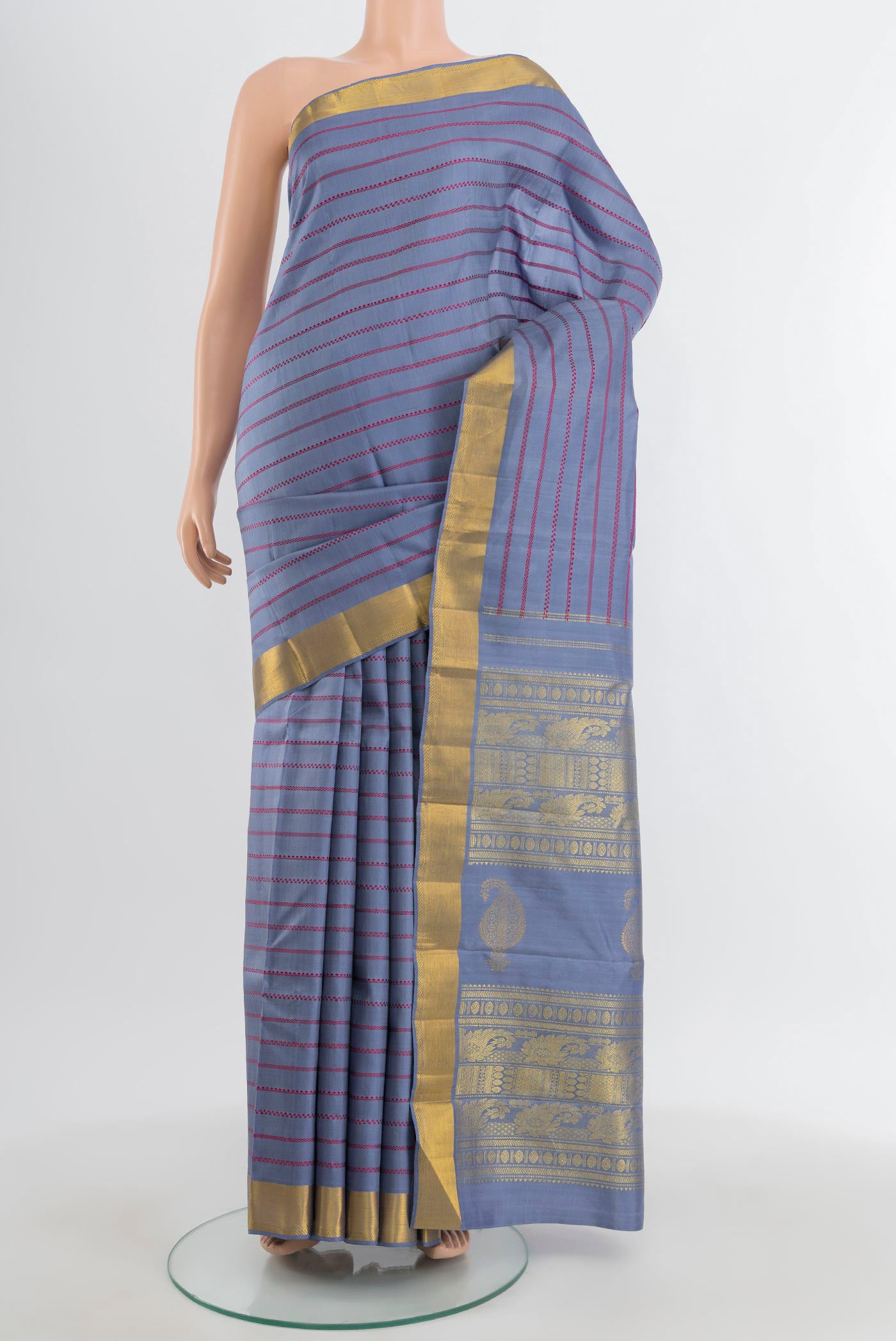 Pure Silk Pure Zari Lilac Kanchipuram Saree with Veldhari on the body and Zari Border.  displayed on a mannequin