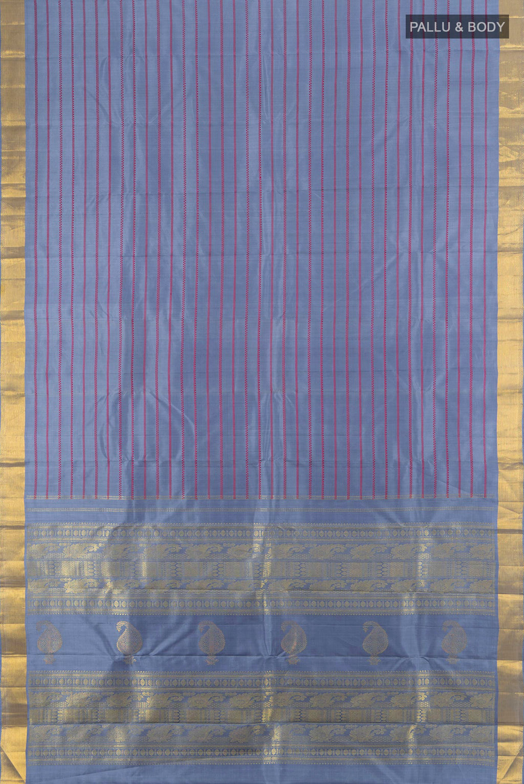 Flat view of Pure Silk Pure Zari Lilac Kanchipuram Saree with Veldhari on the body and Zari Border. 