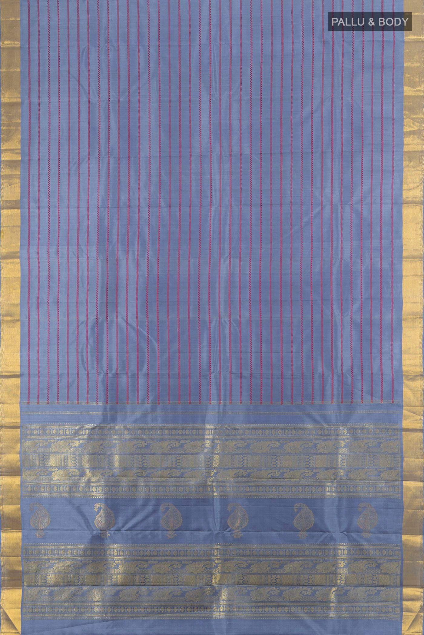 Flat view of Pure Silk Pure Zari Lilac Kanchipuram Saree with Veldhari on the body and Zari Border. 