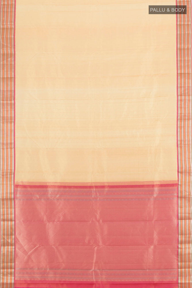 Flat view of Pure Silk Pure Zari Beige Kanchipuram Saree with Zari Butta on the body and Silk Border. 