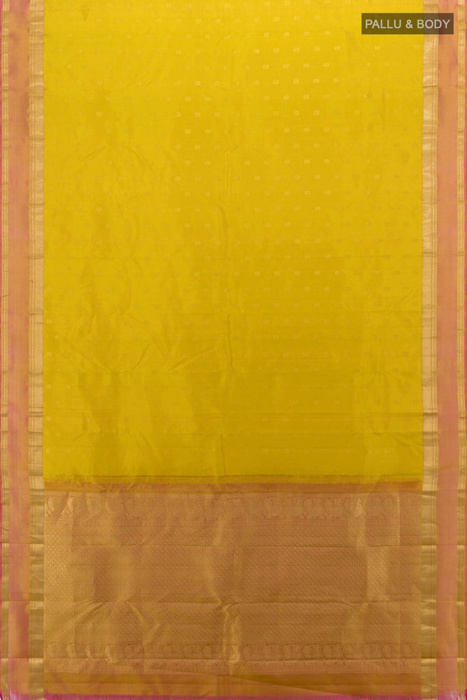 Flat view of Pure Silk Pure Zari Mehandi Green Kanchipuram Saree with Zari Butta on the body and Silk Border. 