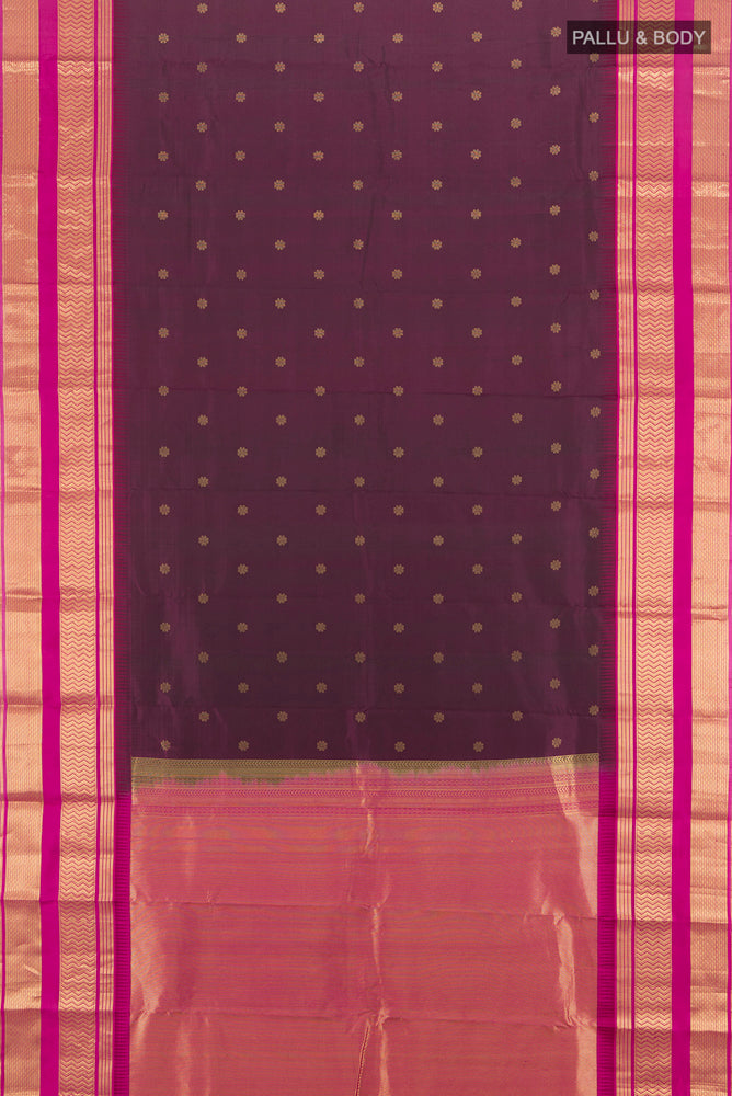 Flat view of Pure Silk Pure Zari Brown Kanjivaram Saree with Zari Butta on the body and Silk Border. 