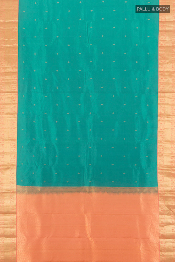 Flat view of Pure Silk Pure Zari Sea Green Kanchipuram Saree with Zari Butta on the body and Silk Border. 