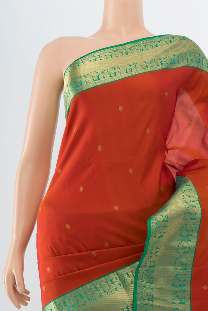 Border image of Rust Kanchipuram Silk Saree with Zari Butta on the body and Silk Border. 