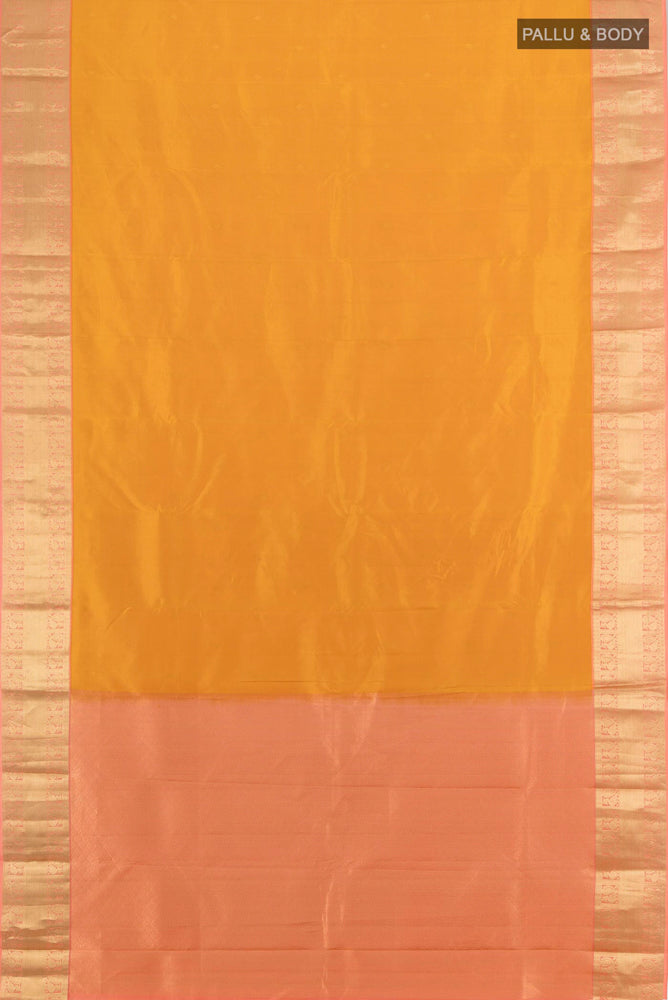 Flat view of Mustard Kanchipuram Silk Saree with Zari Butta on the body and Silk Border. 