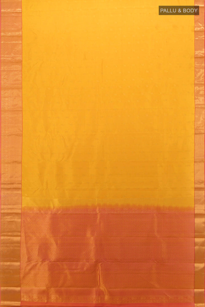 Flat view of Mustard Kanchipuram Silk Saree with Zari Butta on the body and Silk Border. 