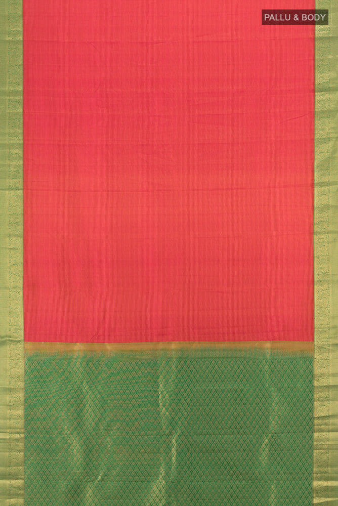Flat view of Peach Kanchipuram Silk Saree with Zari Butta on the body and Silk Border. 