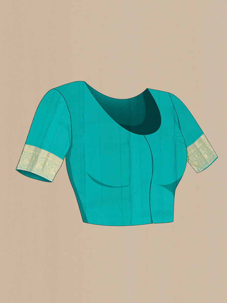 Close up image of the blouse of Pure Silk Pure Zari Peach Kanchipuram Saree with Zari Butta on the body and Silk Border. 