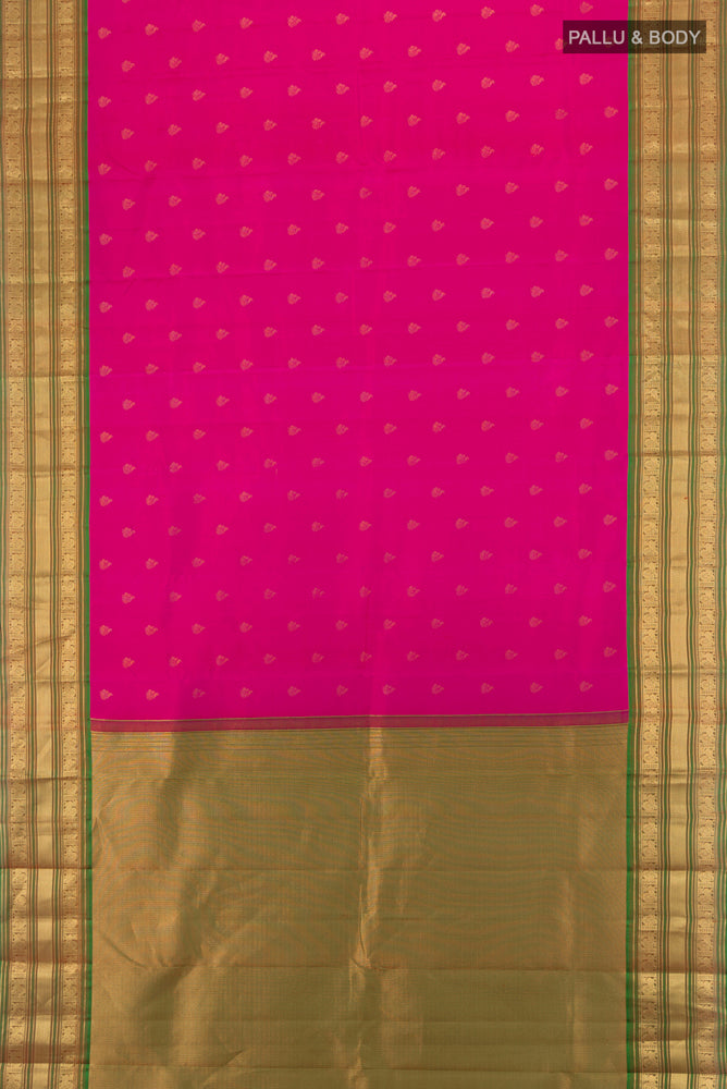 Flat view of Light Magenta Kanchipuram Silk Saree with Zari Butta on the body and Silk Border. 