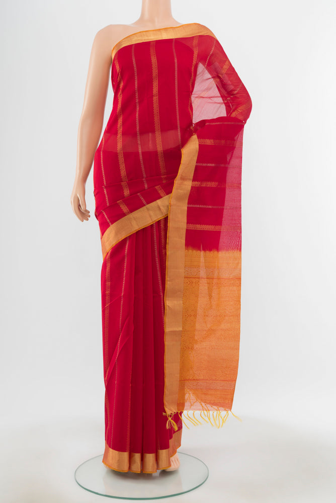 Red Kora Cotton Saree with Zari Butta on the body and Silk Border.  displayed on a mannequin