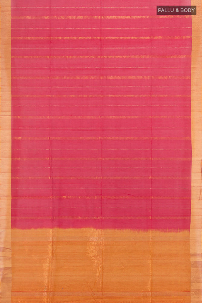 Flat view of Red Kora Cotton Saree with Zari Butta on the body and Silk Border. 