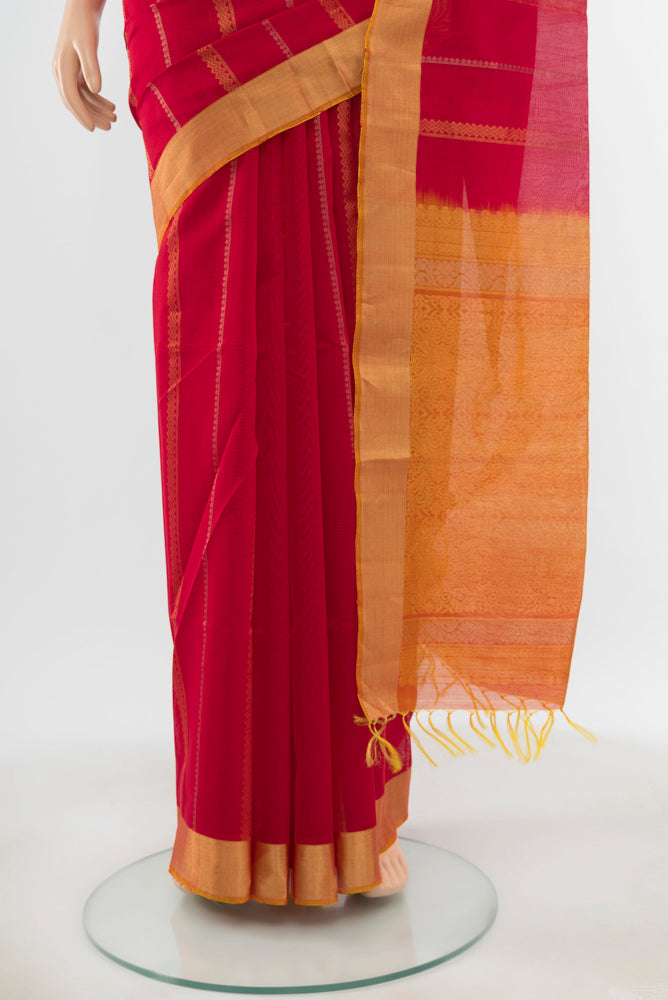 Pleats and pallu of Red Kora Cotton Saree with Zari Butta on the body and Silk Border. 