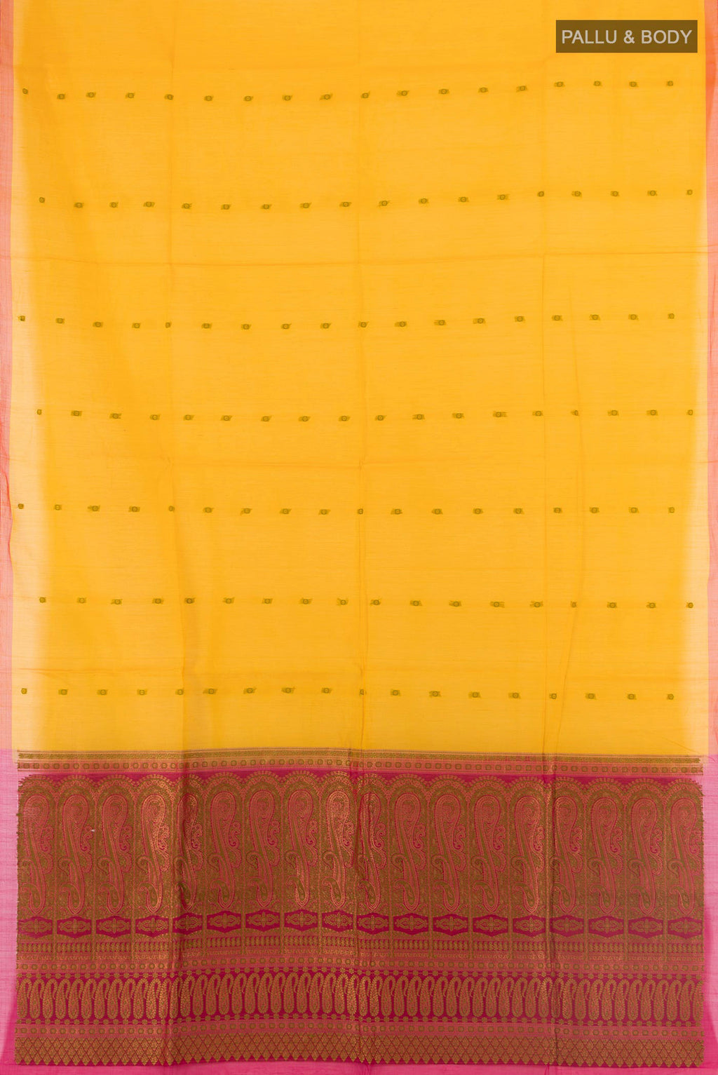 Flat view of Yellow Silk Cotton Saree with Thread Butta on the body and Without Border. 