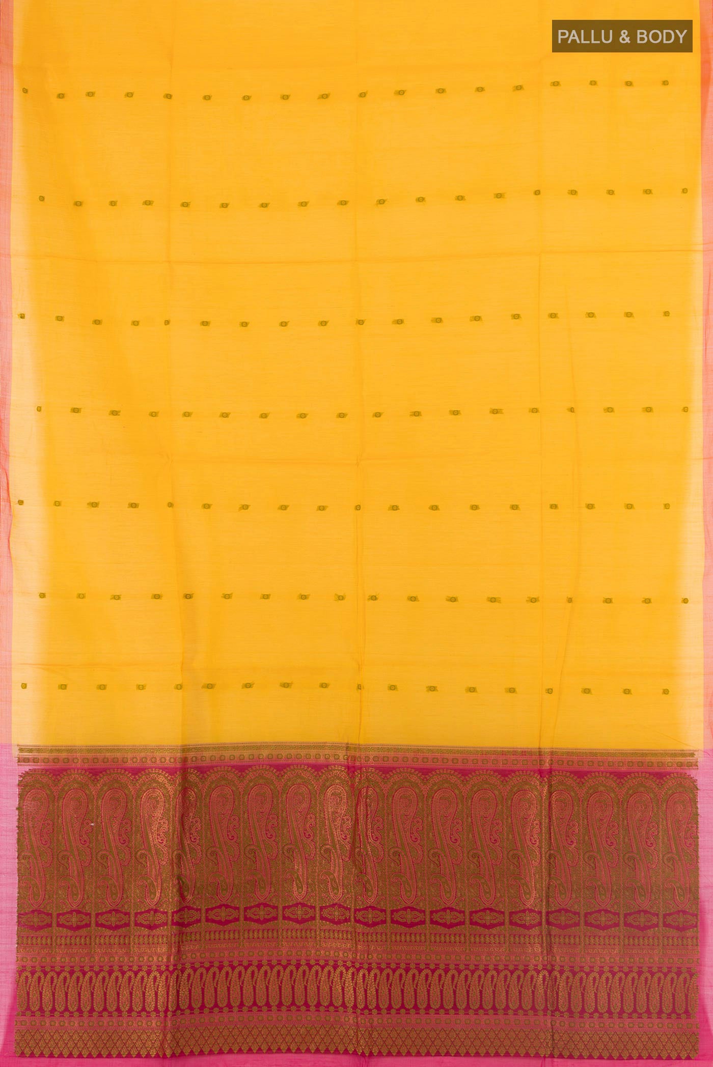 Flat view of Yellow Silk Cotton Saree with Thread Butta on the body and Without Border. 