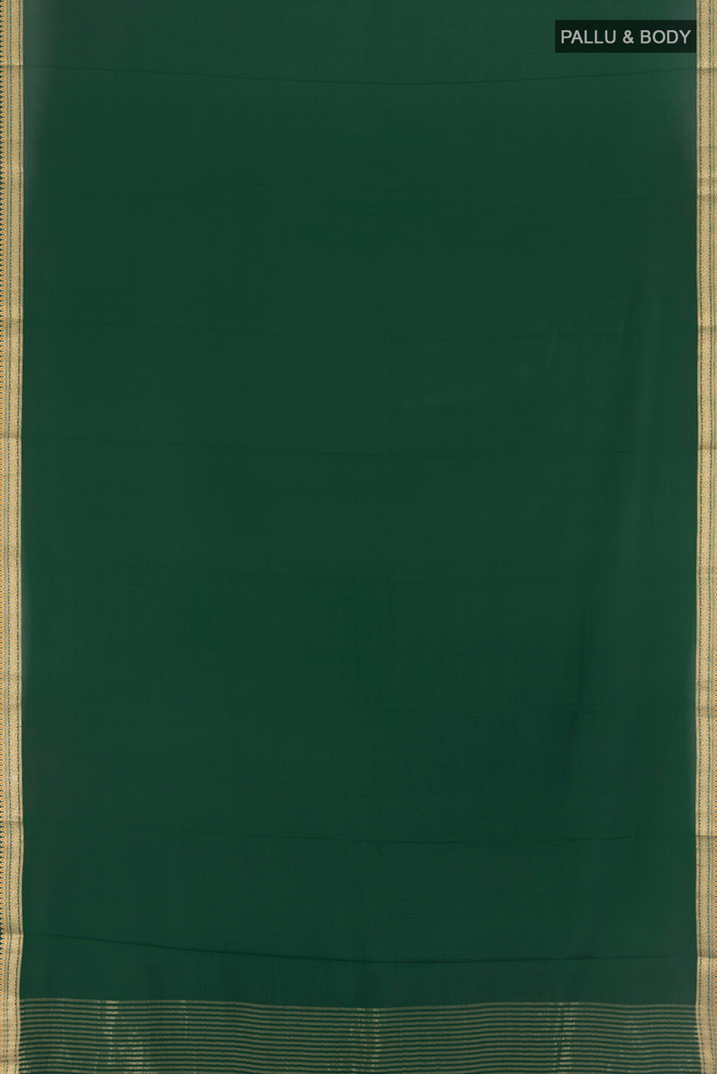 Flat view of Bottle Green Mysore Crepe Saree with Plain Body and Zari Border. 
