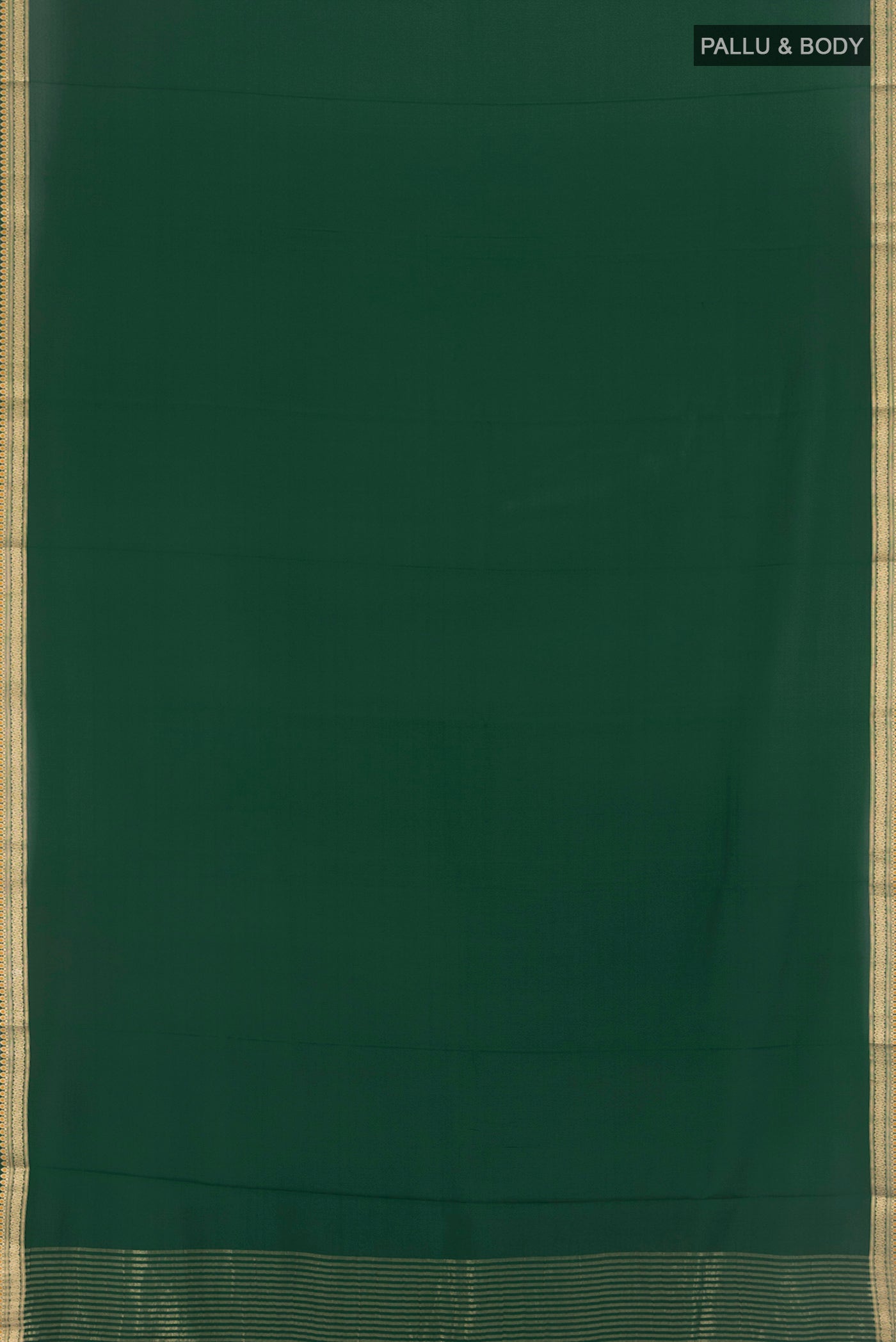 Flat view of Bottle Green Mysore Crepe Saree with Plain Body and Zari Border. 