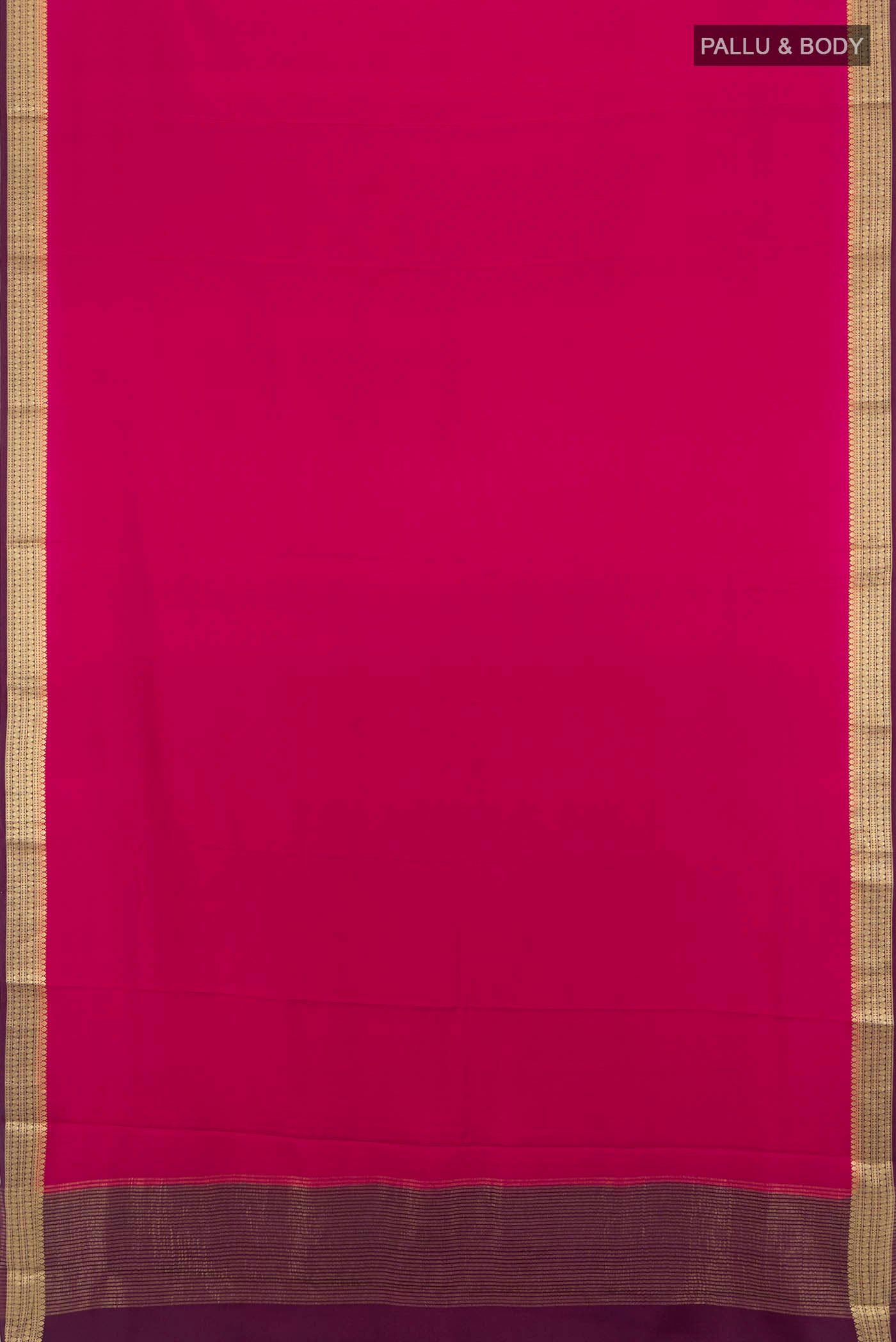Flat view of Dark Pink Mysore Crepe Saree with Zari Butta on the body and Silk Border. 