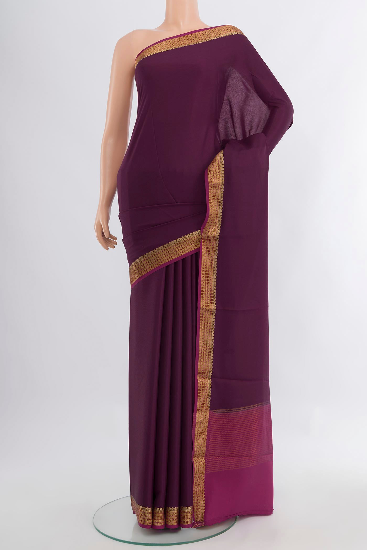 Coffee Brown Mysore Crepe Saree with Plain Body and Silk Border.  displayed on a mannequin