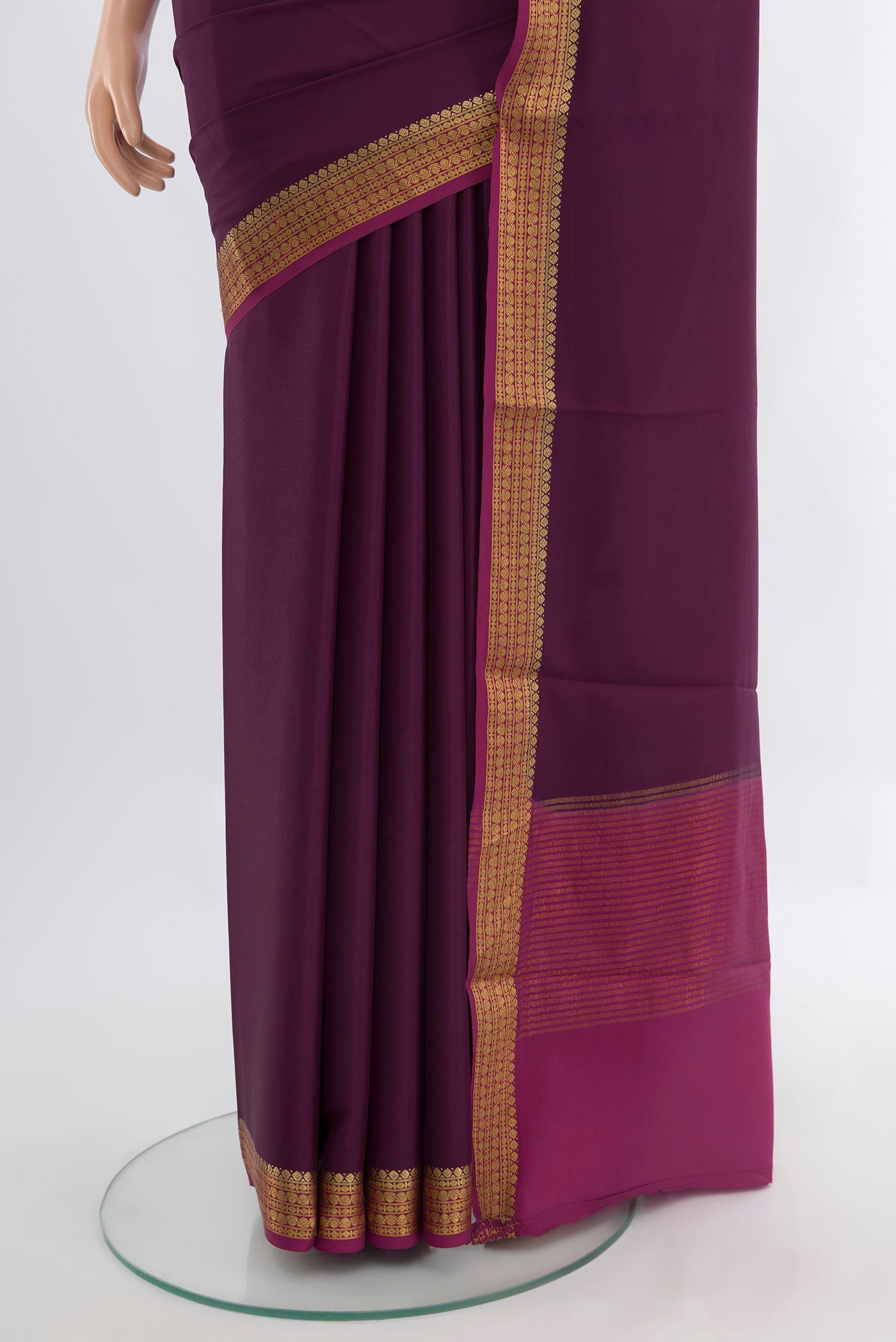 Pleats and pallu of Coffee Brown Mysore Crepe Saree with Plain Body and Silk Border. 
