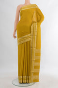 Mustard Mysore Crepe Saree with Plain Body and Zari Border.  displayed on a mannequin