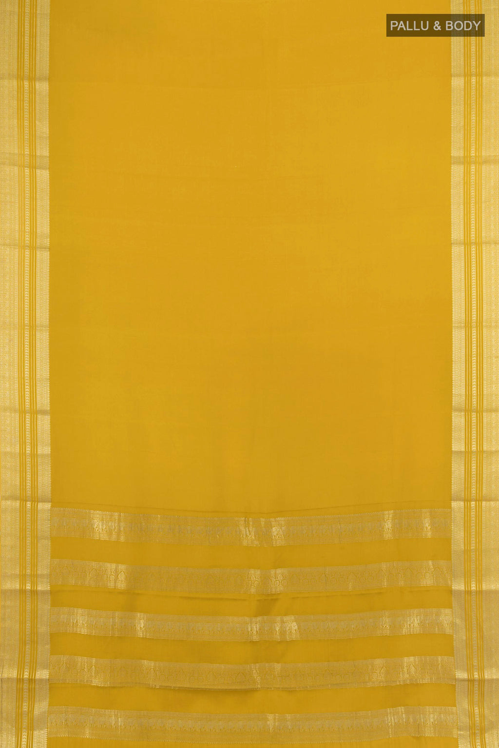 Flat view of Mustard Mysore Crepe Saree with Plain Body and Zari Border. 