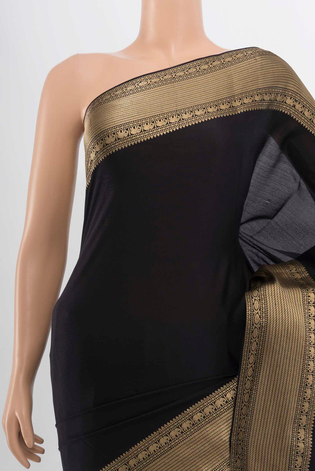 Border image of Black Mysore Crepe Saree with Zari Butta on the body and Silk Border. 