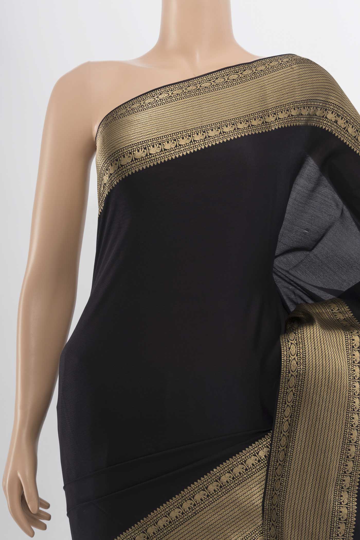 Border image of Black Mysore Crepe Saree with Zari Butta on the body and Silk Border. 