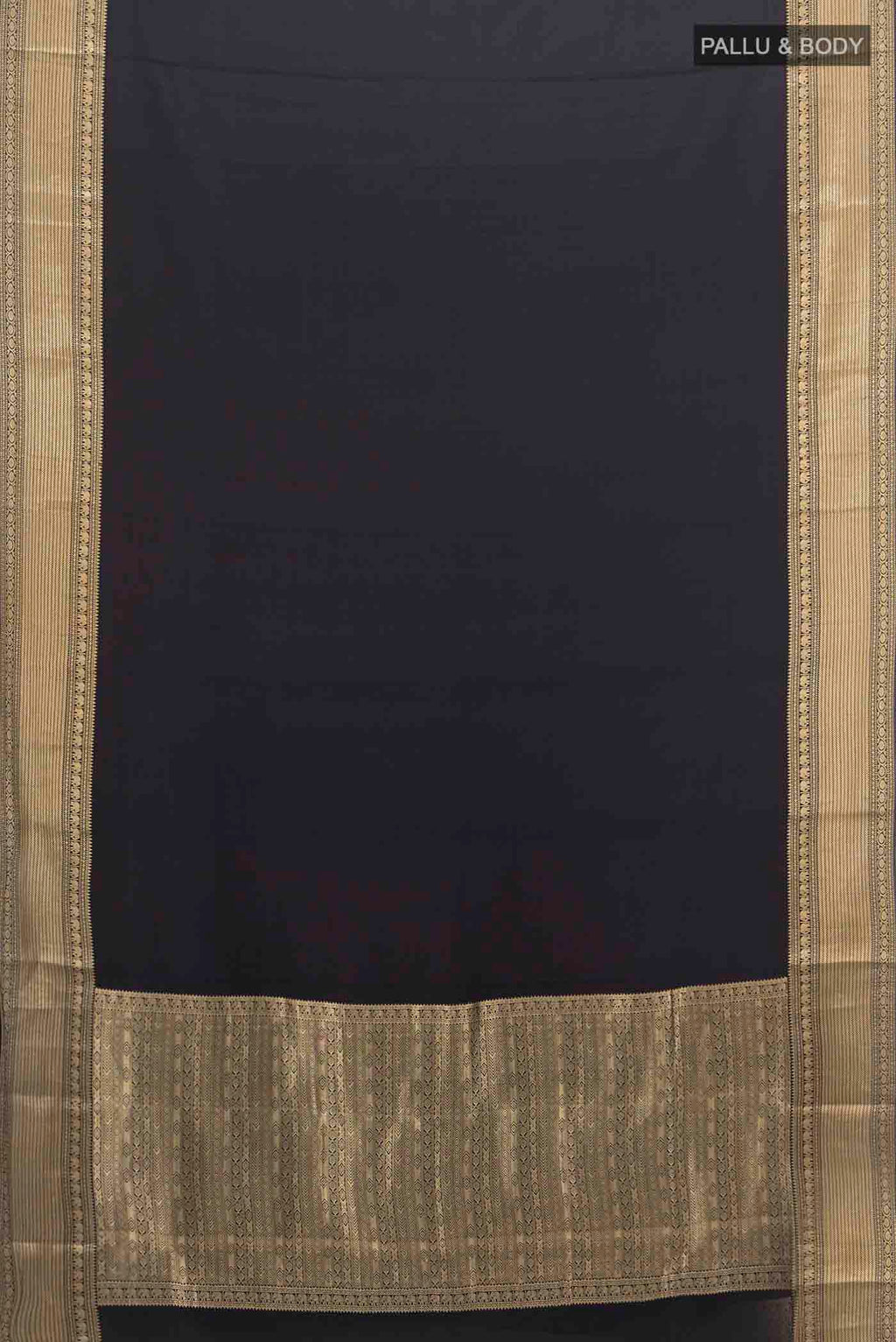 Flat view of Black Mysore Crepe Saree with Zari Butta on the body and Silk Border. 