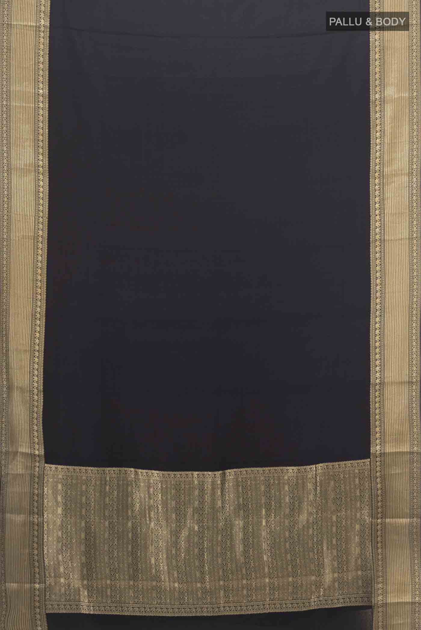 Flat view of Black Mysore Crepe Saree with Zari Butta on the body and Silk Border. 