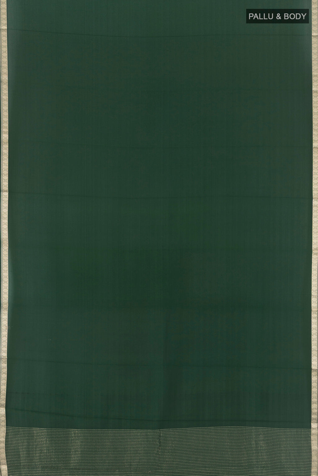 Flat view of Bottle Green Mysore Crepe Saree with Plain Body and Zari Border. 