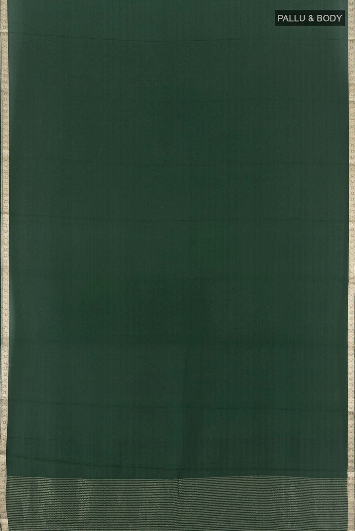 Flat view of Bottle Green Mysore Crepe Saree with Plain Body and Zari Border. 