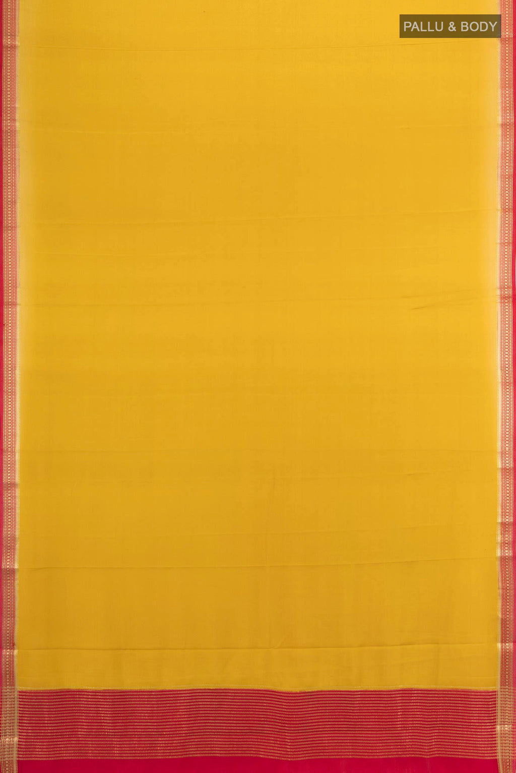 Flat view of Yellow Mysore Crepe Saree with Zari Butta on the body and Silk Border. 