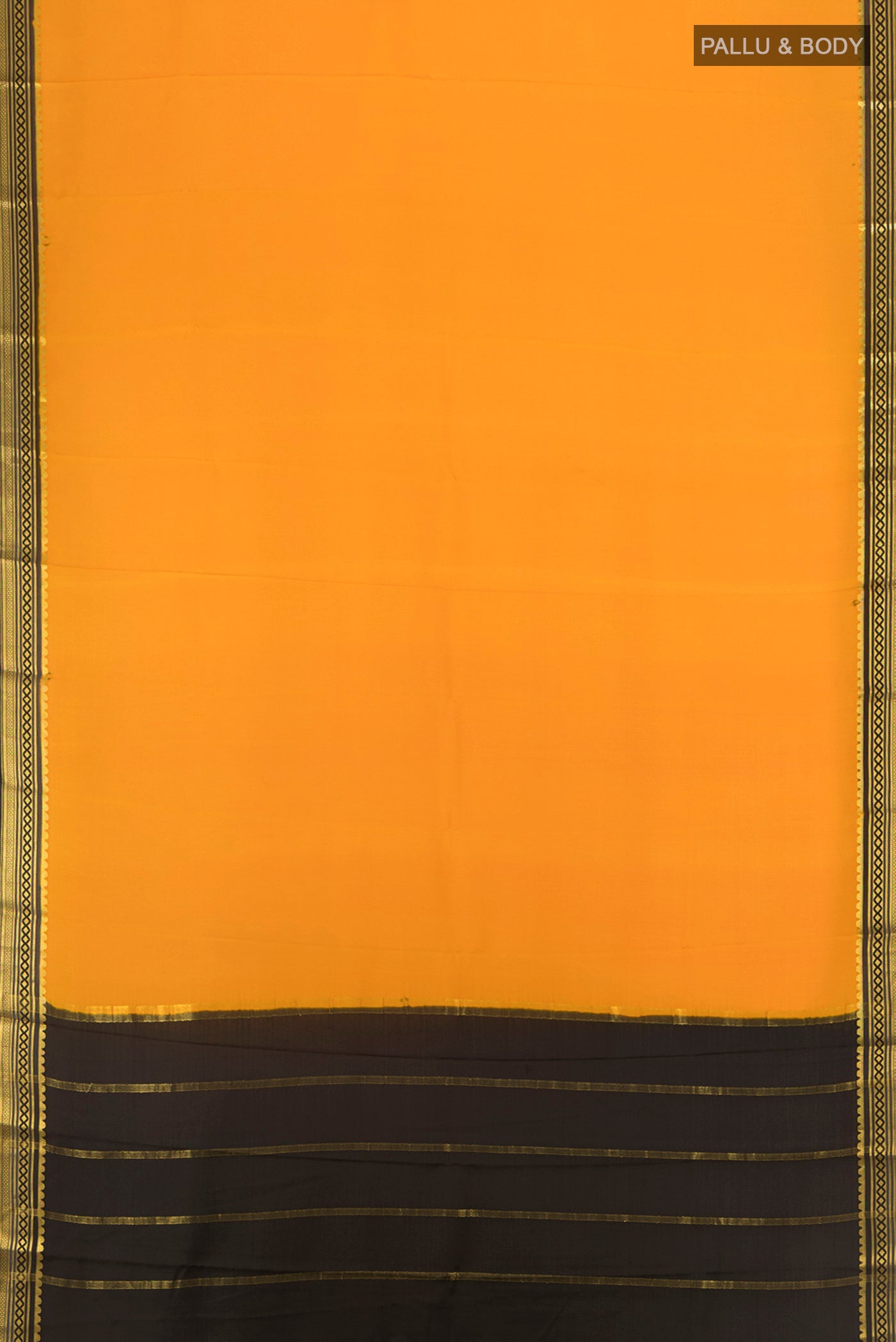 Flat view of Yellow Mysore Crepe Saree with Plain Body and Silk Border. 