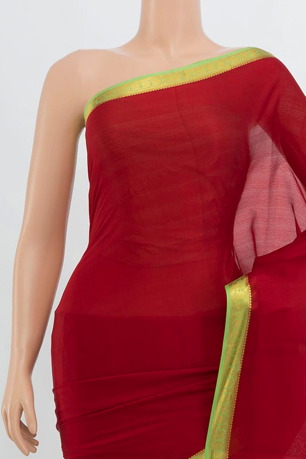 Border image of Red Mysore Crepe Saree with Zari Butta on the body and Silk Border. 