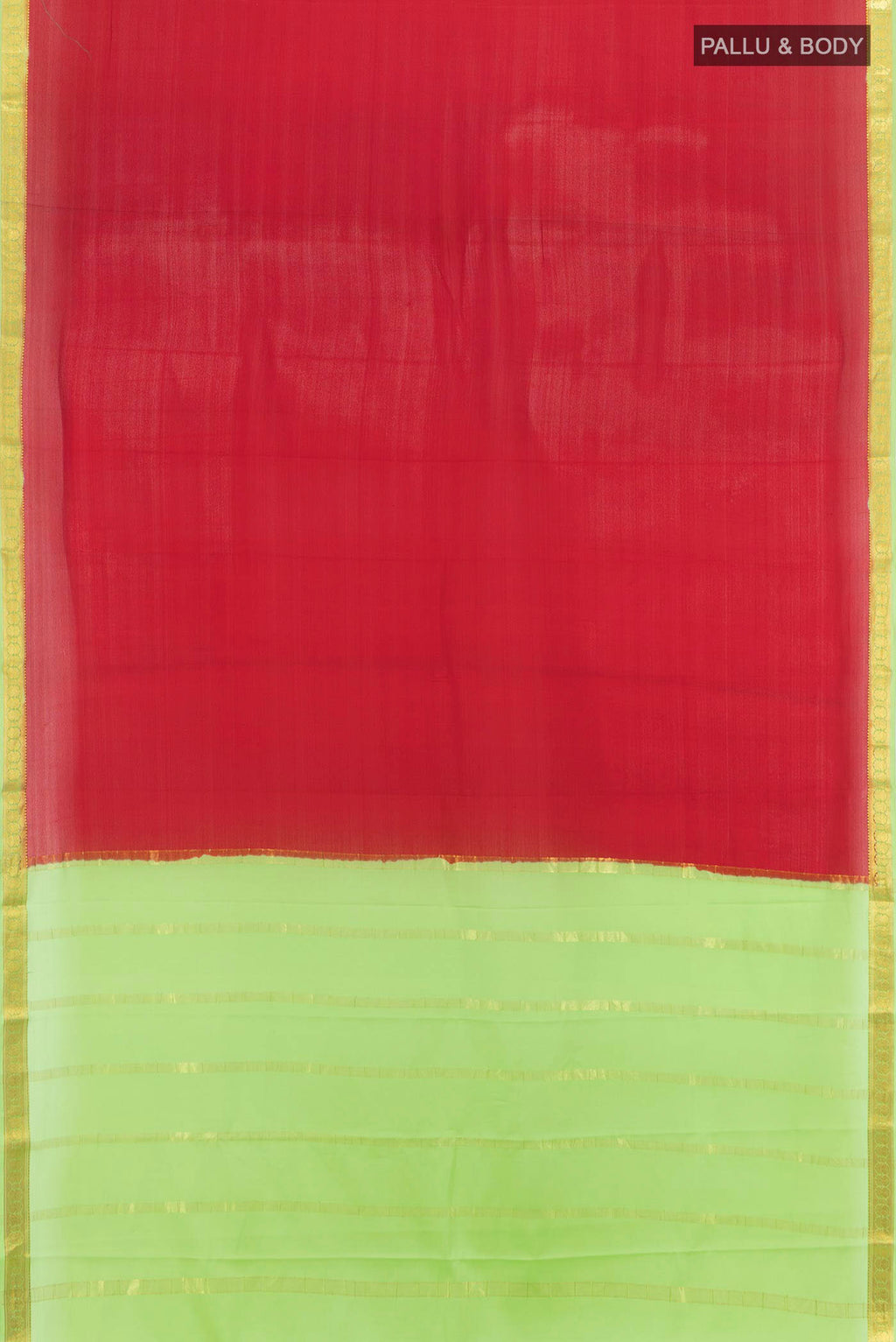 Flat view of Red Mysore Crepe Saree with Zari Butta on the body and Silk Border. 