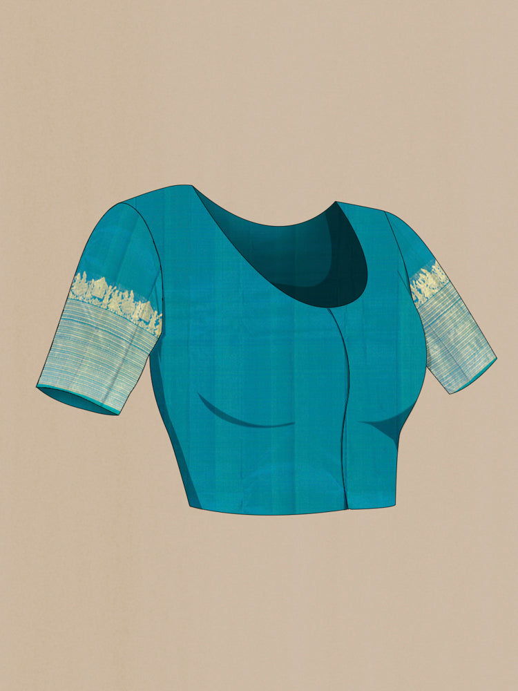 Close up image of the blouse of Peacock Blue Kanchipuram Silk Saree with Zari Butta on the body and Silk Border. 