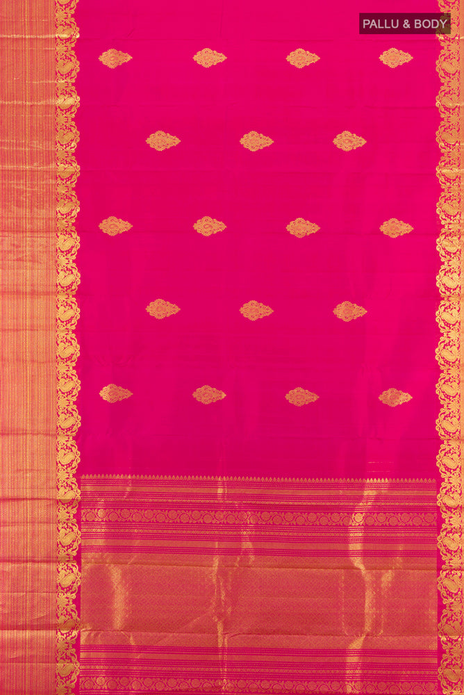 Flat view of Pure Silk Pure Zari Magenta Kanchipuram Saree with Zari Butta on the body and Silk Border. 
